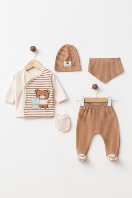 Baby Bear Embroidered 100% Cotton 5-Piece Newborn Hospital Discharge Set Yk190228