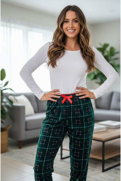 Women's Thin Tencel Velvet Pipe Leg Comfortable Cut Plaid Pajama Bottoms