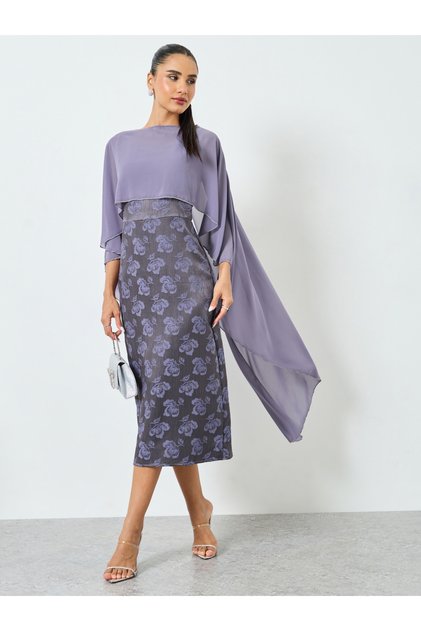 Lilac Embellished Cape Sleeve Midi Dress