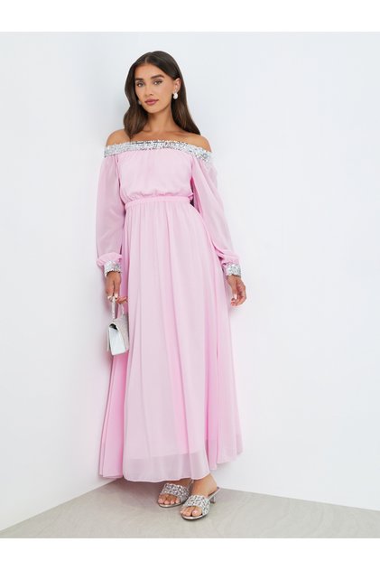 Women Pink Sequined Off-Shoulder Maxi Dress