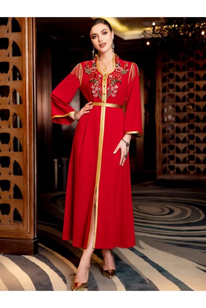 Women's Embroidery Detail Rhinestone Embellished Open Collar Golden Trim Long Sleeve Jalabiya