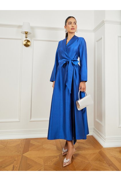 Blue Tie-Up Waist Blazer Maxi Dress
