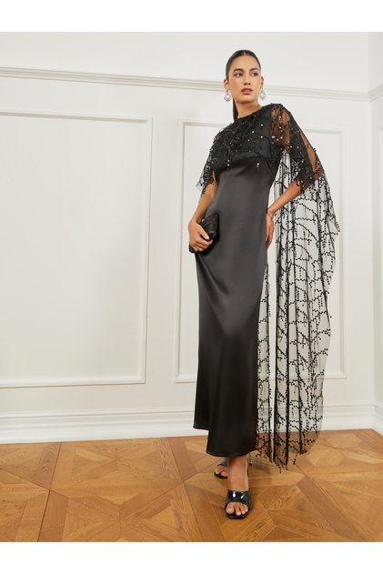 Black Embellished Cape Maxi Dress