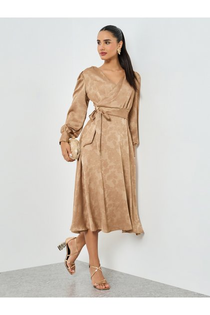 Beige Jacquard Wrap Midi Dress