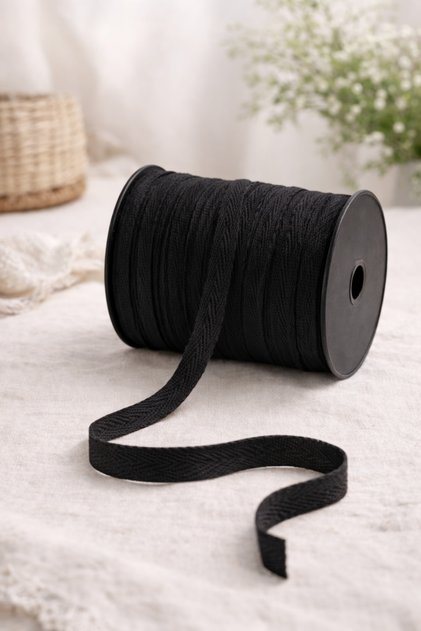 Cotton Herringbone Woven Ribbon 1 cm – Black – 10 Meters Sewing Concealing Ribbon Trim