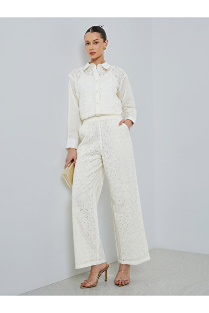 Women WhiteEmbroidered Wide Leg Trousers