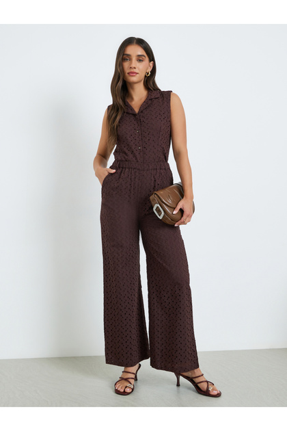 Women Brown Wide leg Cotton Schiffli Trousers