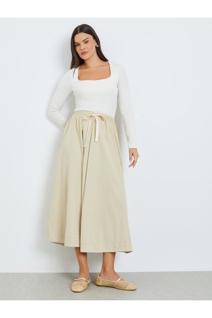 Beige Drawstring Waist Pleated Skirt