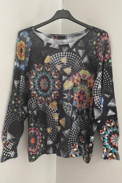 Women's Italian Black Foil Patterned Bat Sleeve Mercerized Blouse Sweater