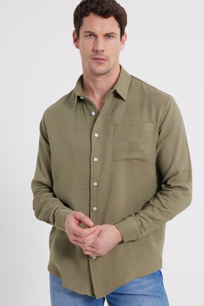Men's Relax Fit Comfortable Cut Oversized Muslin Viscose Single Cotton Pack Pocketed Plain Khaki Shirt