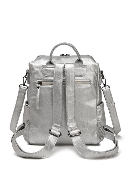 Flareva Platinum Washed Leather Front Zipper Detailed Multi-Compartment Stylish Back Shoulder Crossbody Bag