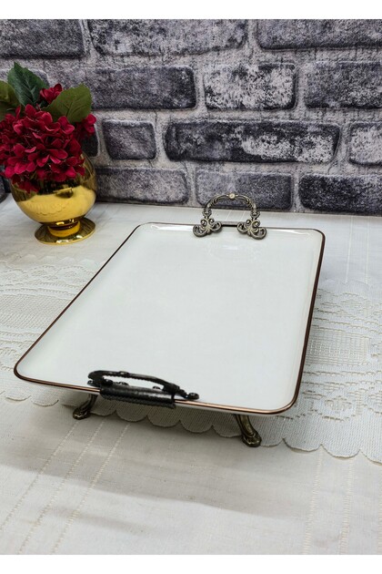 Pisa Metal 4-Legged Porcelain Presentation Plate with Handle, Gold & Antique Detail, 33*21cm
