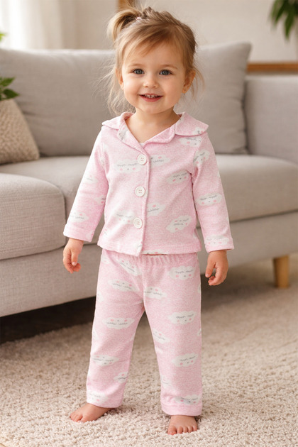 %100 Pamuk Düğmeli Desenli Pijama Takımı