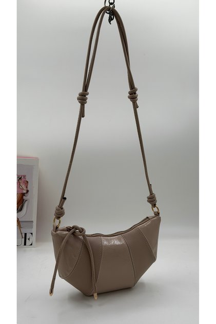 Croissant Model Women's Shoulder Bag with Wrinkled Leather Detail Beige
