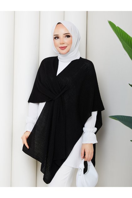 Women's Black Front Detailed Poncho Cardigan