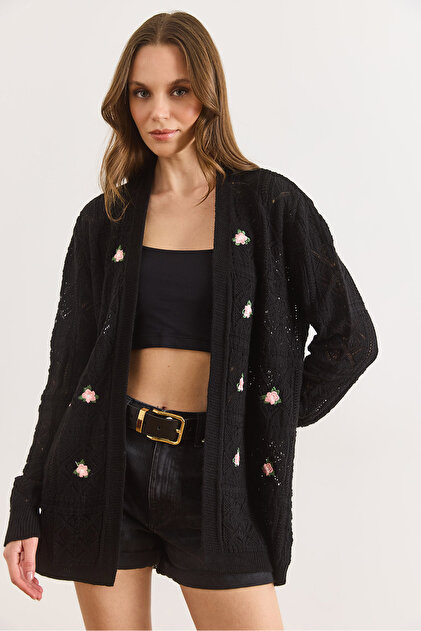 Women's Black Embroidered Openwork Seasonal Knitwear Cardigan Hrk-19000470