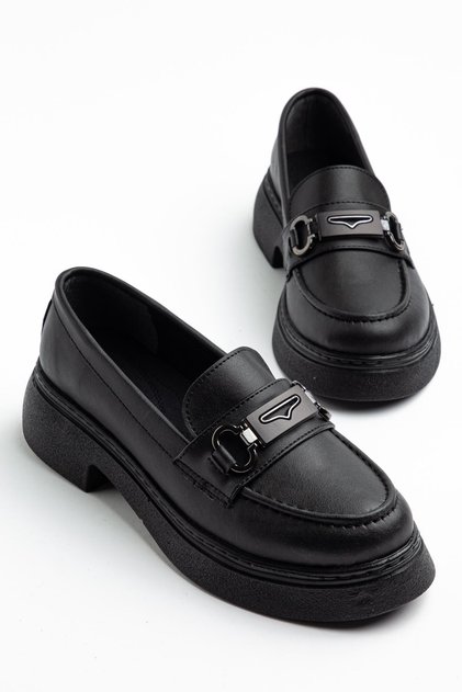Dayna Women's Black Leather High-Top Buckle Loafer Shoes