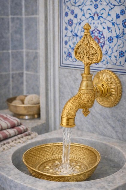 Engraved Perlatör Wall Mounted Hammam Kurna Ottoman Faucet Gold Gold