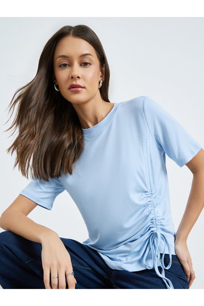 Blue Knitted T-Shirt with Adjustable Drawstring