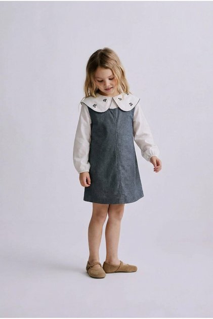 Girl's Cotton Anthracite Embroidered Wide Collar Gilet Dress - White Blouse Look