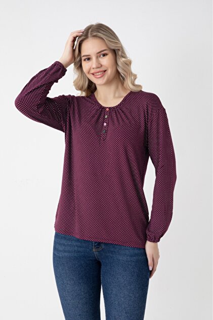 Viscose Fabric Mini Slit Long Sleeve Buttoned Printed Mother's Combed Cotton Blouse