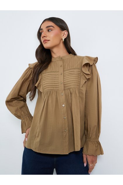 Brown Ruffle Detail Pintuck Blouse