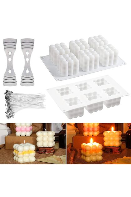 Set Fabricare Lumanari - Forma Silicon 3D 6 Cavitati, 100 Fitiluri, Suporturi Otel, Alb