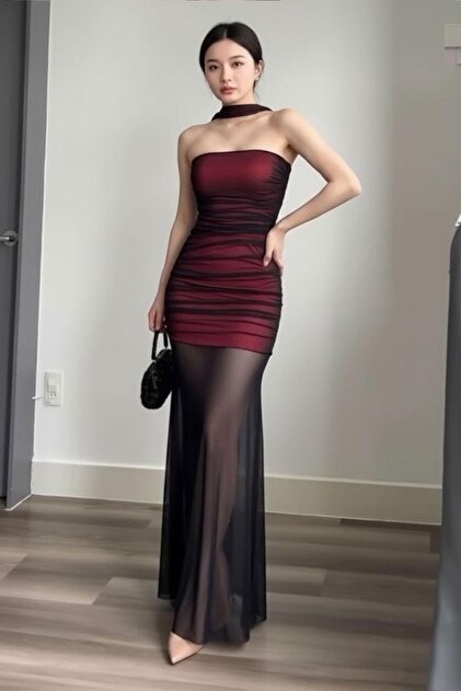 harmony factory Burgundy Gothic Transparent Tulle Long Dress Women  Streetwear- Trendyol