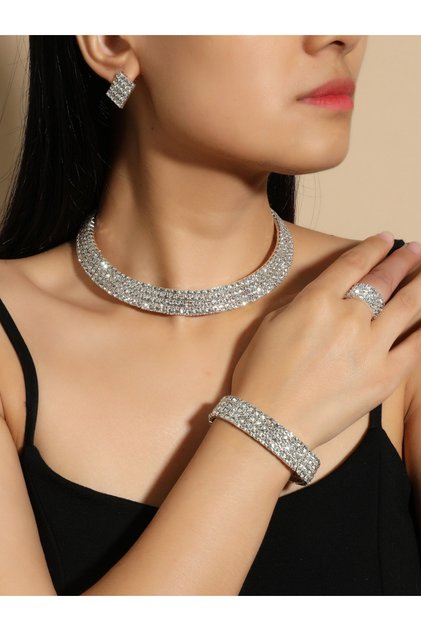 Women Rhinestone Necklace with Bracelet and Ring with Earrings Set