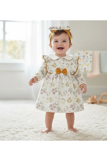 Girl's floral print dress with bow-detailed bandana