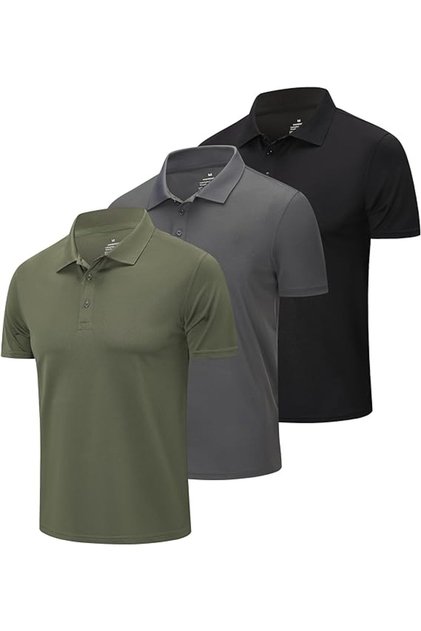 Set 3 Tricouri Polo Bărbați - Sport, Uscare Rapidă, Poliester - Negru/Verde/Gri, M