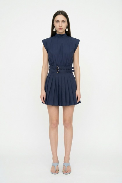 Padded High Neck Pleated Mini Dress Navy Blue