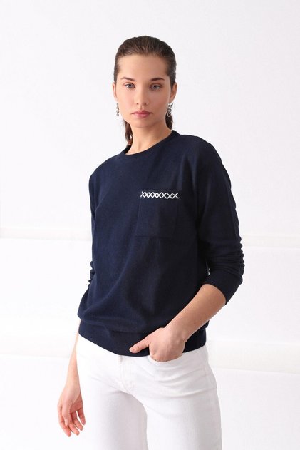 Navy Blue Pocket Detailed Cashmere Blend Women's Knitwear Sweater