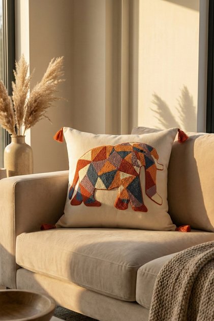 Bohemian Ethnic Elephant Patterned Punch Embroidered Tasseled Decorative Throw Pillow Cover 42X42 cm Cotton Panama Linen
