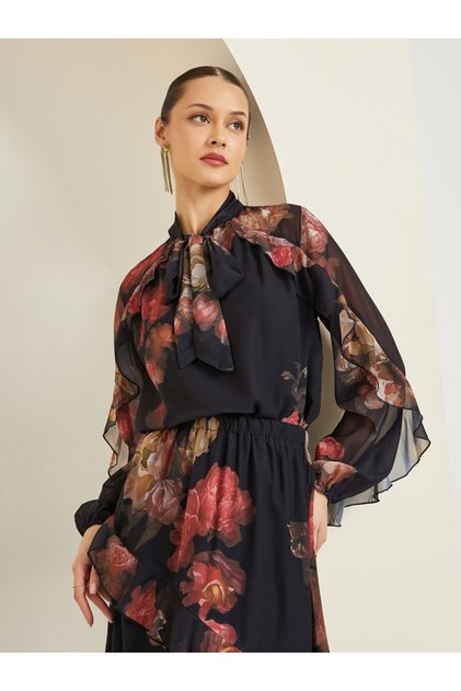 Black Floral Print Ruffled Sleeve Blouse