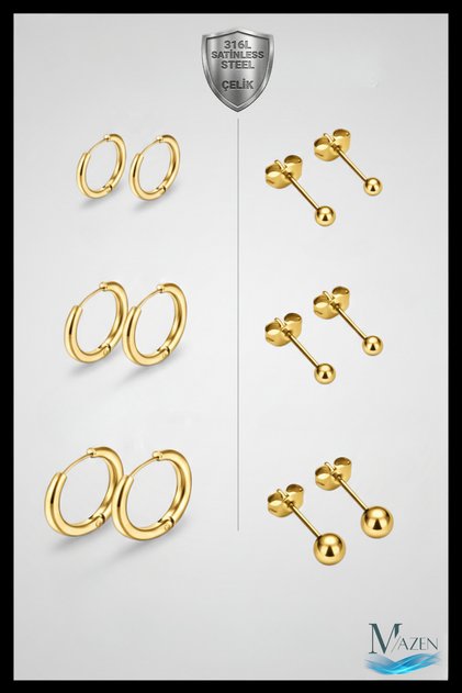 316L Steel 6 Pair Earring Set | 8-10-12 mm Ring & 3-4-5 mm Ball | Anti-Tarnish Gold Color