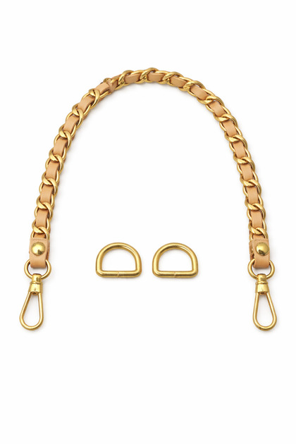 Camel Color Leather Chain Bag Handle and Bag Front Decoration – with Gold Color Accessories – 45 cm