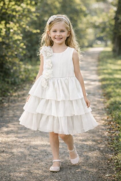 Tarz Çocuk White Girls' Evening Dress 5-8 Years Old Layered Tulle Princess Dress Wedding Graduation Birthday Dress