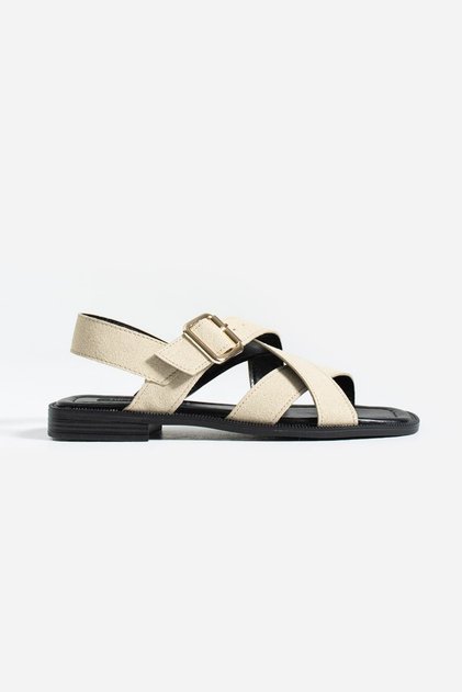 Women's Beige Suede Sandals Comfortable Flat Sole Casual Summer Cross Strap Buckle Javen