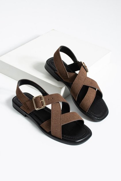 Women's Brown Suede Sandals Comfortable Flat Sole Casual Summer Cross Strap Buckle Javen