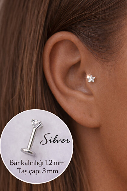 Zirkon Yıldız Taşlı Cerrahi Çelik Piercing Minimal Helix Tragus Kıkırdak Lob 4 mm Taş