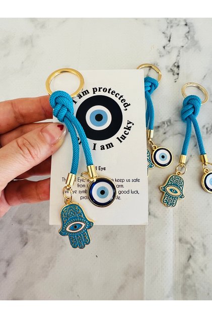 Nazar Beaded Hamsa Hand Keychain & Bag Charm – Gold Detailed Design
