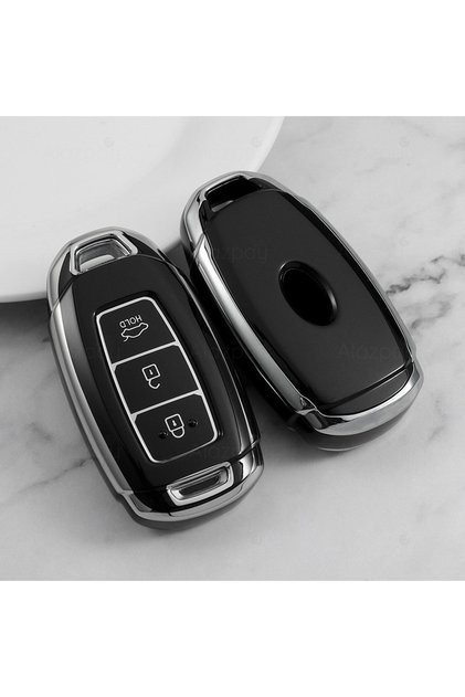 Hyundai Compatible Accent, Elantra, Kona, I10, I30, Ix35, Santa Fe Silver Edge Tpu Key Case Cover (Black)