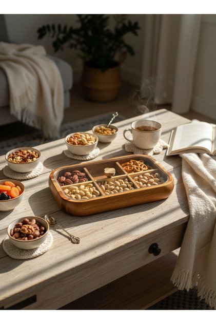 Rectangular 6-Compartment Acacia Snack Bowl / Jewelry Box (32.5X21.5 cm)