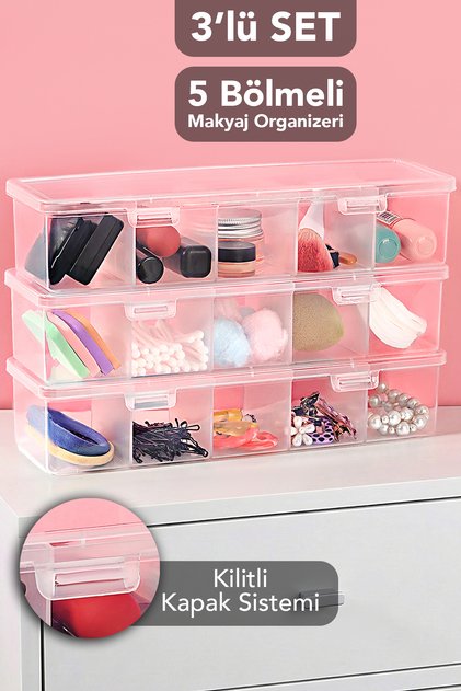 3 Adet 5 Bölmeli Kapaklı Takı Kutusu - Şeffaf Yüzük Kolye Küpe Toka Düzenleyici Organizer Kutu
