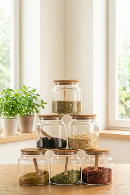 | Small | 6-Piece Vacuum Glass Jars with Bamboo Lids - Spice Set 500 ml with Label and Spoon as a Gift