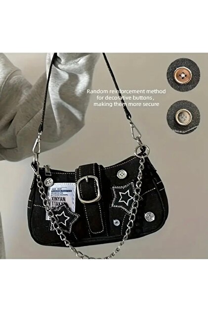 La Saade Starlock Rebel Mini Bag – Yıldız Nakışlı, Zincir Detaylı