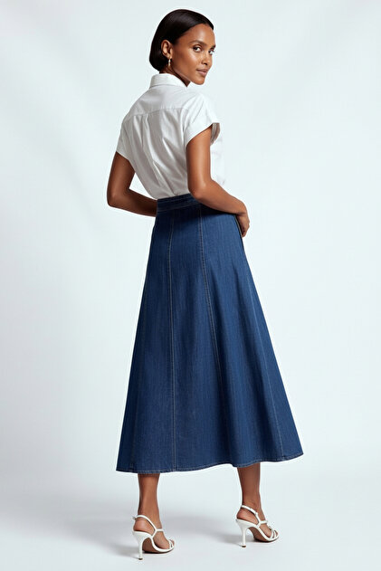 Exquise Evaze Front Buttoned Midi Length Denim Skirt - Trendyol