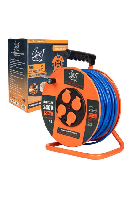 Prelungitor rola cu tambur metalic 3x2.5mm², 50 m, 4 prize Schuko -