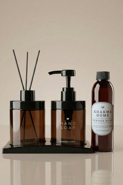 Powder Scented Amber Soap Dispenser Set - 220 ml Liquid Soap Dispenser, Diffuser and Refill Fragrance